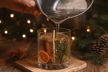Hand gießt flüssiges, transparentes Gelwachs in Glas mit Weihnachtsdeko