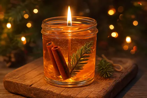 Warme gelbe Gelkerze in einem Glas mit Zimt und Tannenzweig – weihnachtliche Stimmung