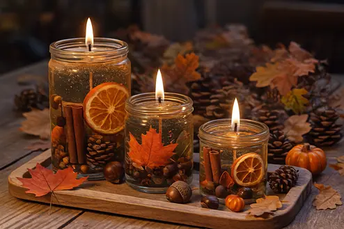 Herbstliche Gelkerzen – DIY Anleitung, Arrangement von verschiedenen herbstlichen Gelkerzen